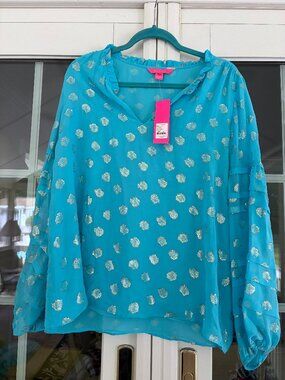 NWT Lilly Pulitzer Giana Silk Top in Bermuda Blue Seagrass Size XL